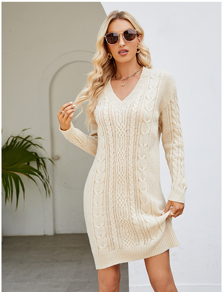 Womens Cable Knit Sweater Dress V-Neck Long Sleeve Winter Dress